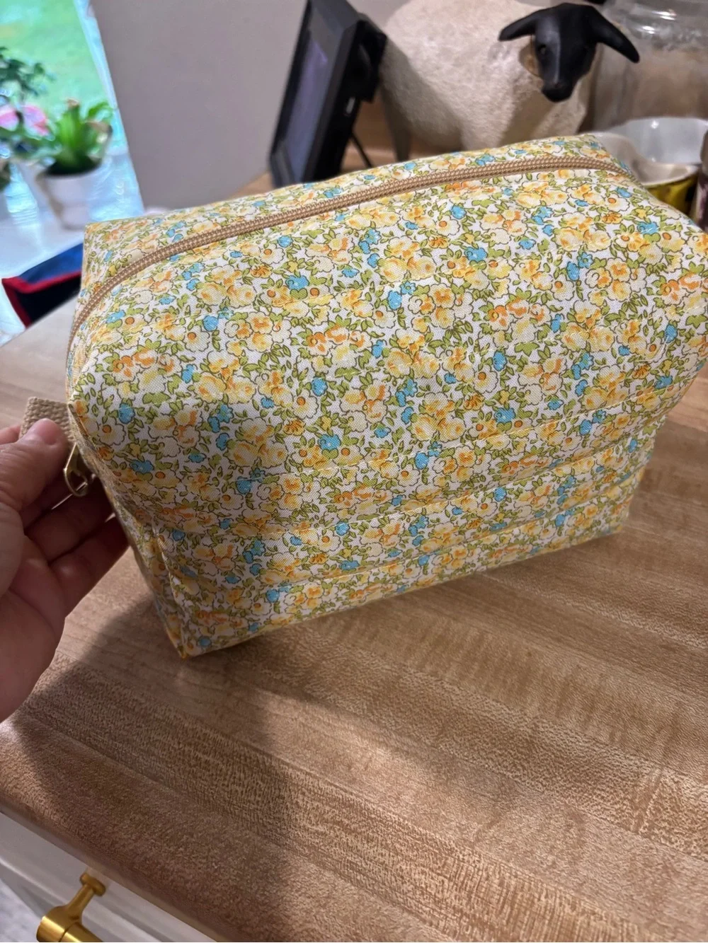 Floral Quilted Yellow Cosmetic Pouch, handmade
